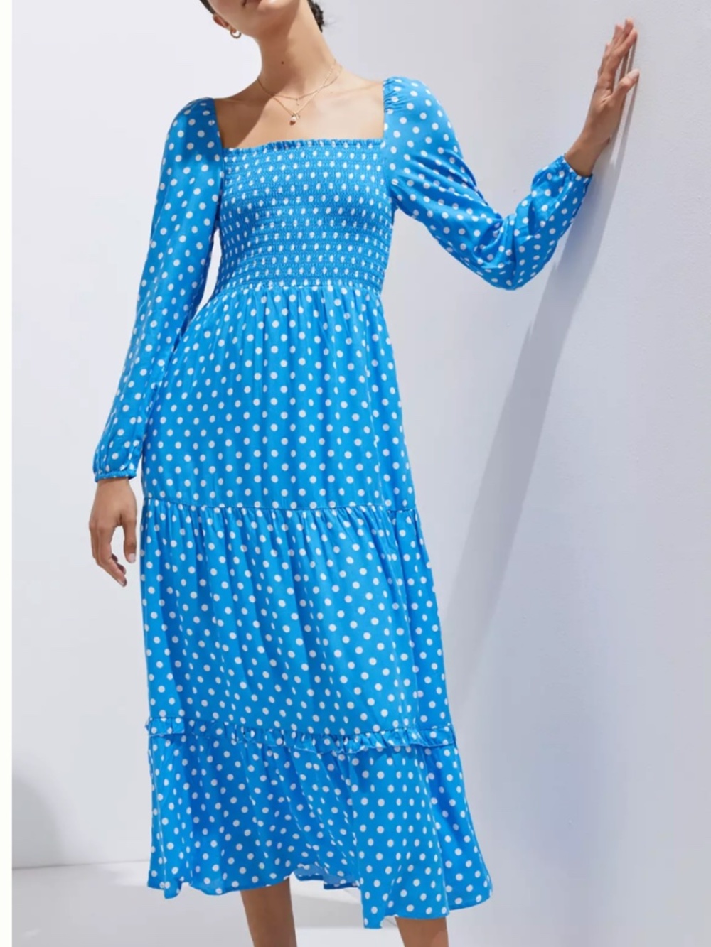 Anthropologie- Smocked Midi Dress- XS Blue Polka Dot